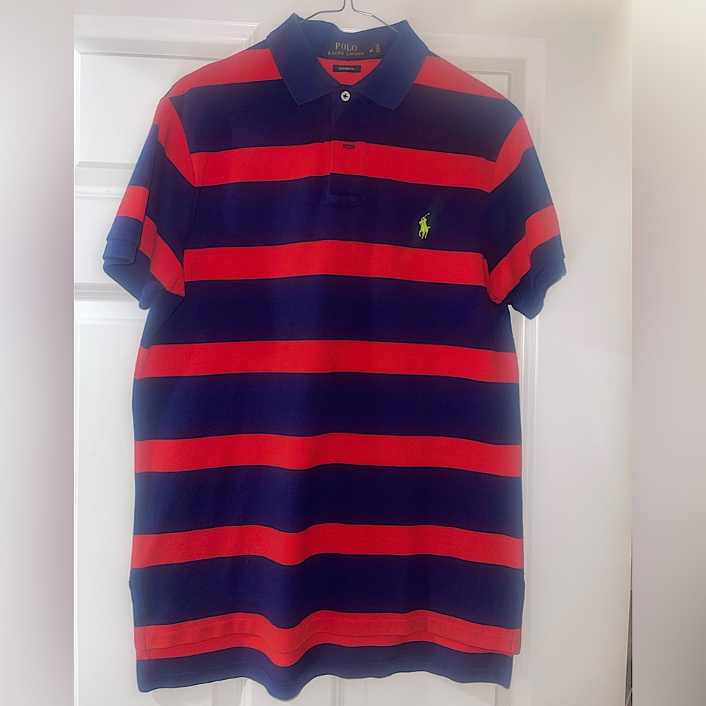 Polo Ralph Lauren Men’s Polo T Shirt Navy Blue & Red Stripes - Size M